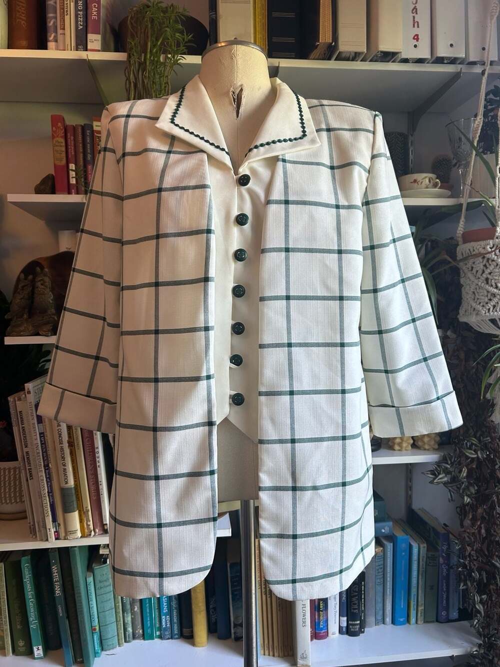 Vintage Windowpane Check Jacket Set Size 10 White Green